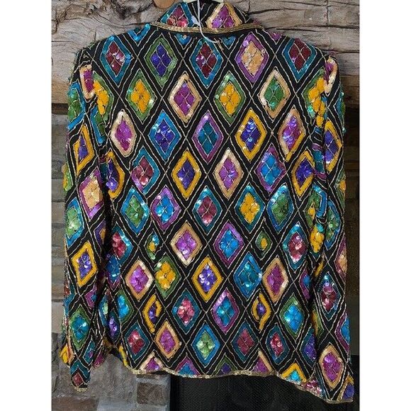 New Original VTG Medium Mary McFadden Multicolor Silk Chiffon Sequined Jacket - Picture 8 of 16